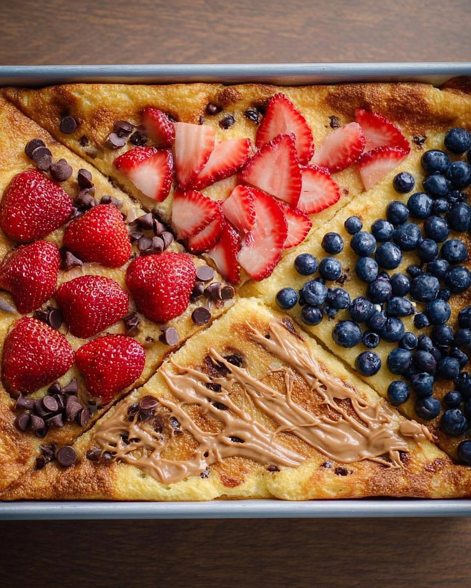A colorful and delicious sheet pan pancake with strawberries, blueberries, chocolate chips, and drizzled peanut butter, perfect for 10-Ingredient Breakfast Ideas.