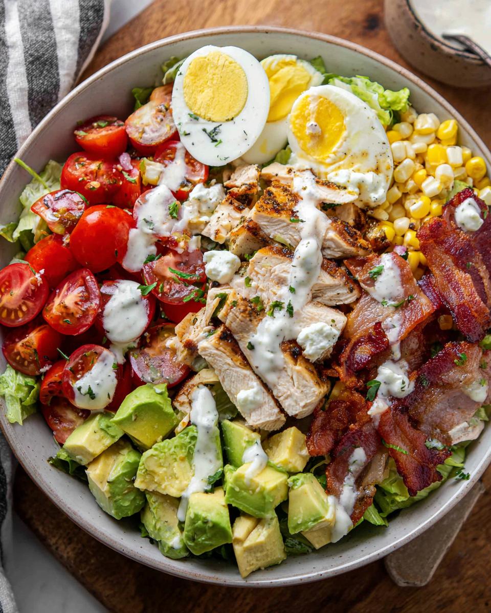 A hearty 10-ingredient chicken salad featuring grilled chicken, bacon, avocado, hard-boiled eggs, tomatoes, and corn, drizzled with dressing.