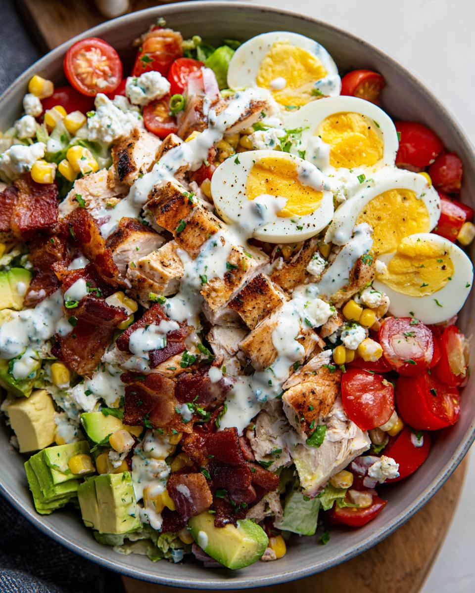 A vibrant bowl of 10-ingredient chicken salad featuring grilled chicken, bacon, avocado, hard-boiled eggs, and corn.