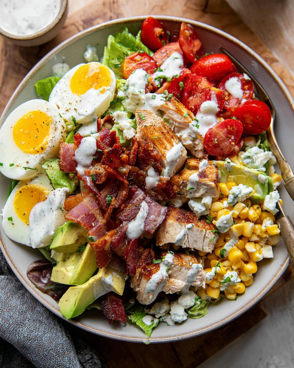 A hearty 10-ingredient chicken salad featuring grilled chicken, crispy bacon, hard-boiled eggs, avocado, tomatoes, and corn.