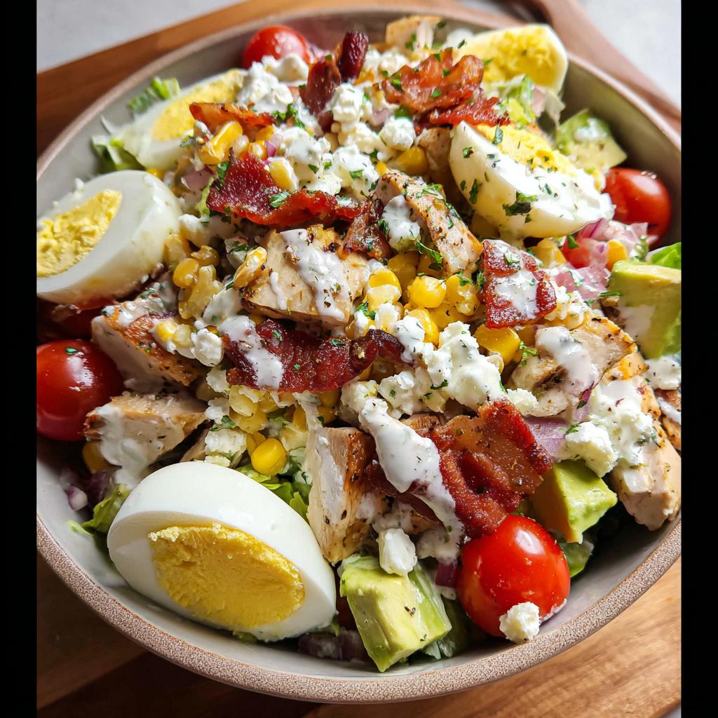 A delicious and hearty salad featuring grilled chicken, avocado, bacon, corn, tomatoes, hard-boiled eggs, and crumbled cheese.