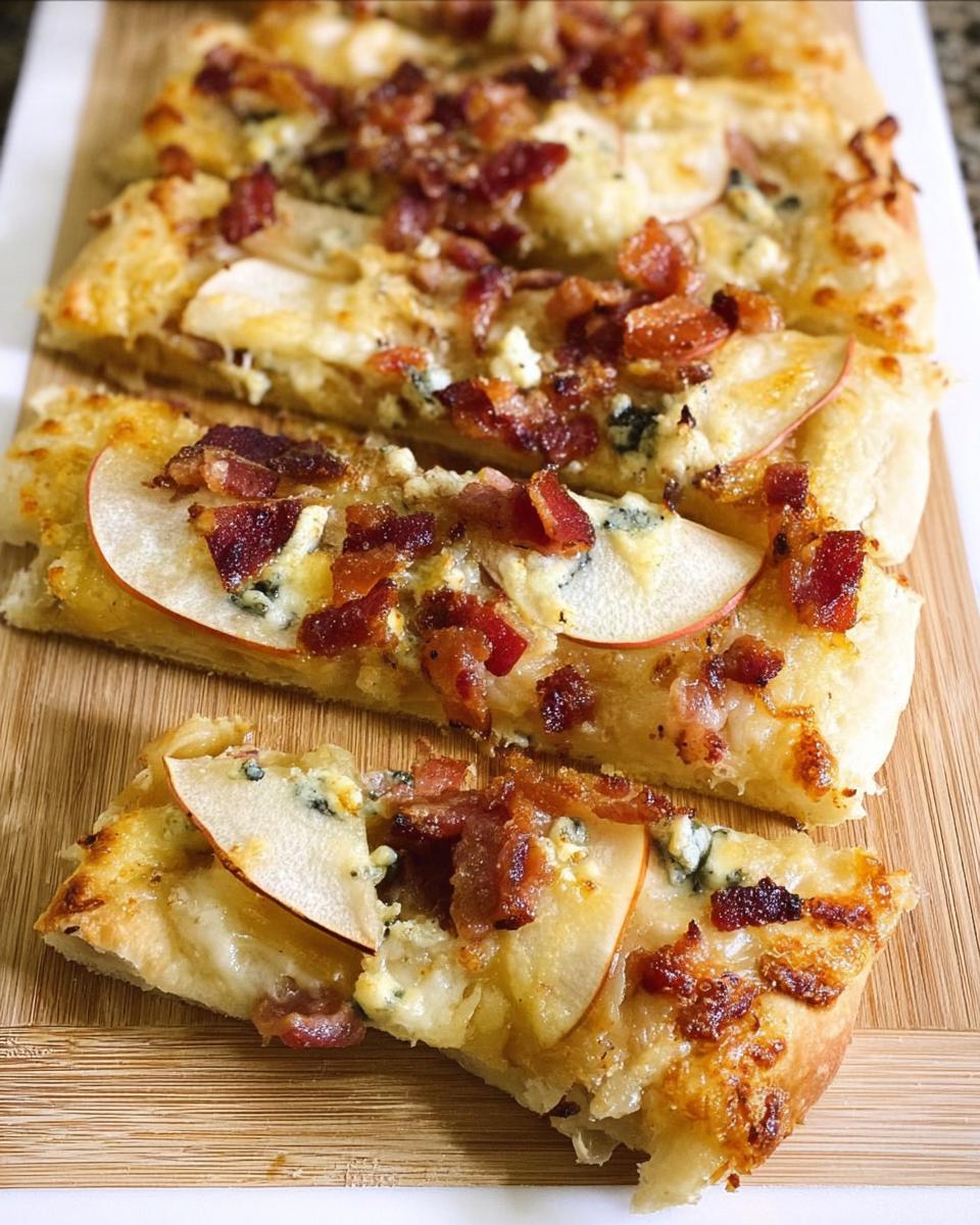 Close-up of a slice of 10-ingredient pizza featuring apple, bacon, and blue cheese on a wooden board.