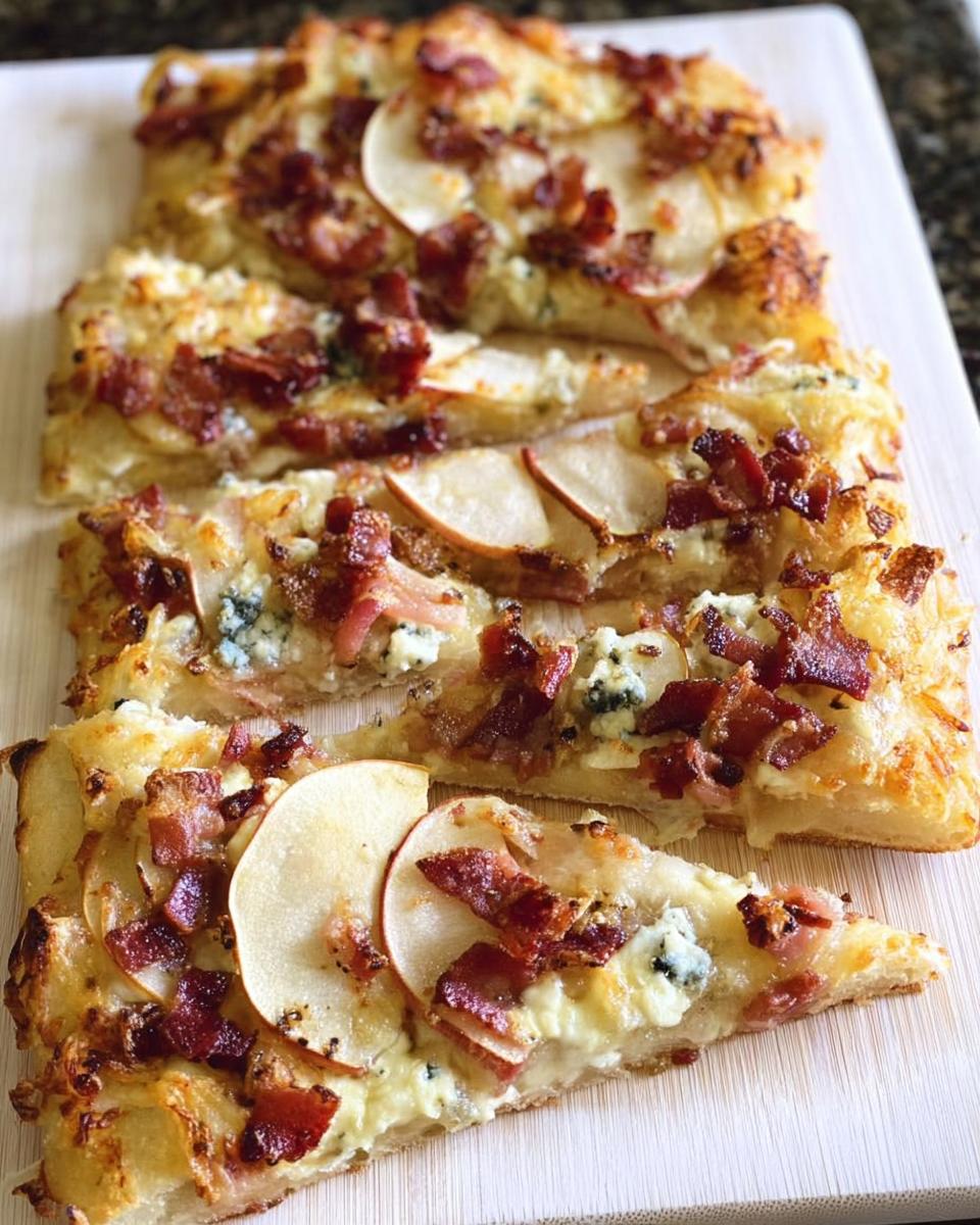 Close-up of a slice of apple, bacon, and blue cheese pizza from a 10-Ingredient Pizza Night Recipe.