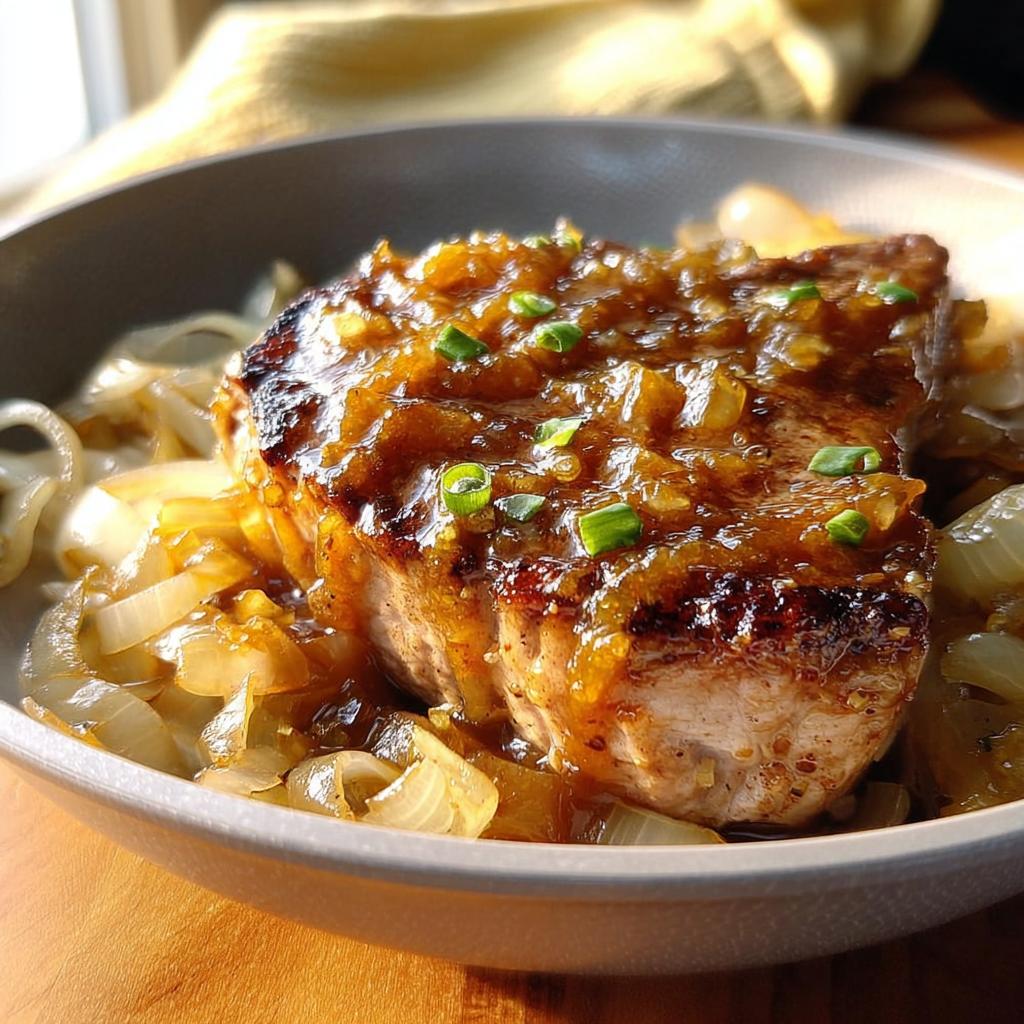 A close-up of a thick, juicy pork chop smothered in a rich, glossy sauce and served over a bed of tender caramelized onions, garnished with green onions.
