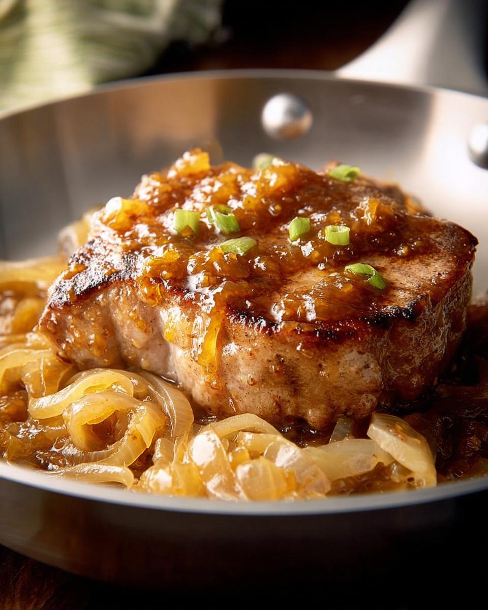 A juicy pork chop topped with a glistening sauce and green onions, served over caramelized onions in a skillet.