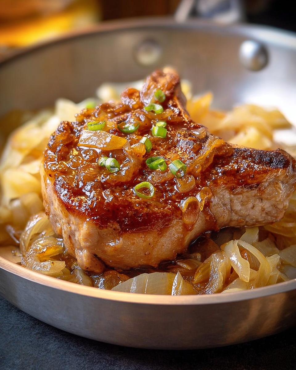 A close-up of a juicy pork chop topped with caramelized onions and green onions, served over a bed of onions.
