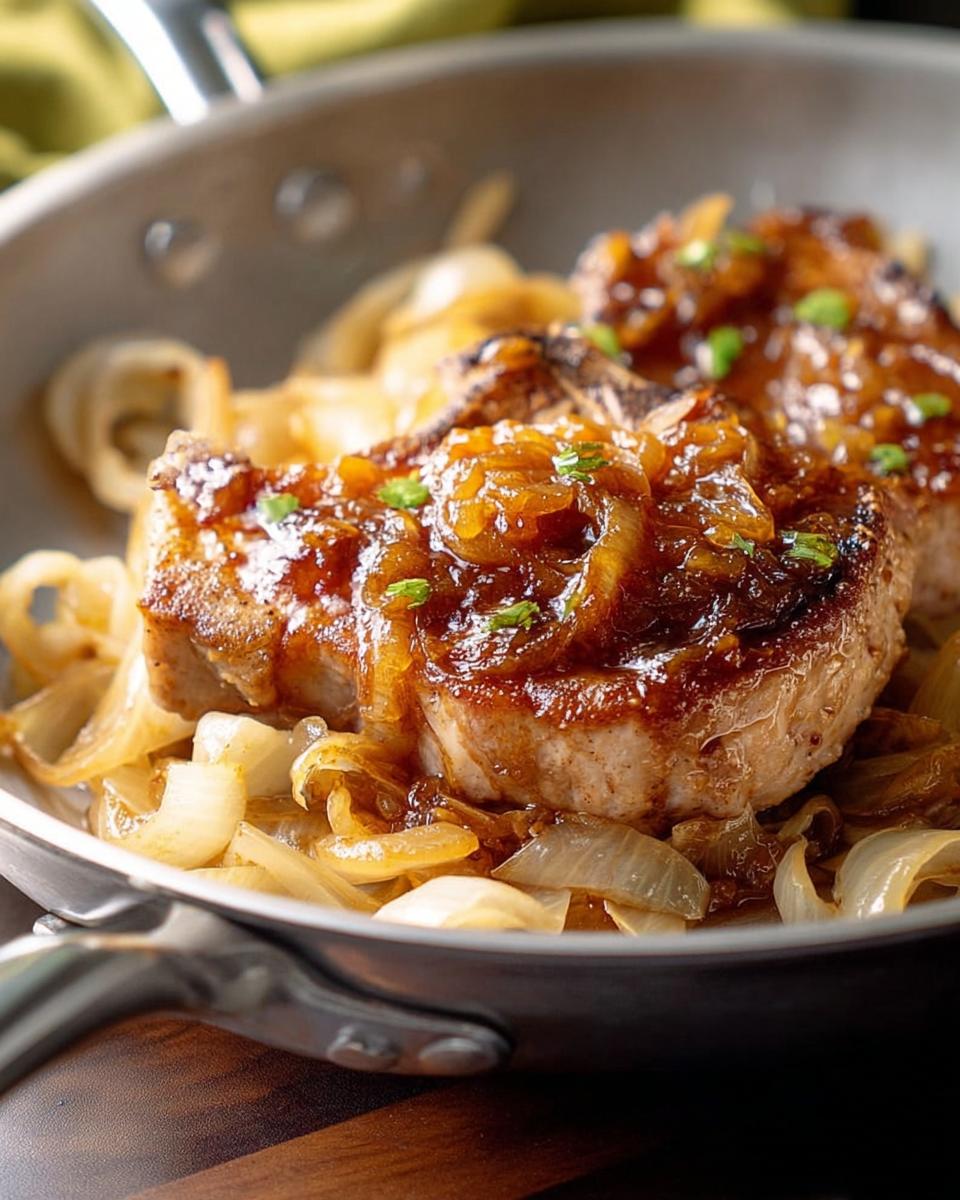 Close-up of 10-ingredient pork chops recipe served with caramelized onions in a skillet.
