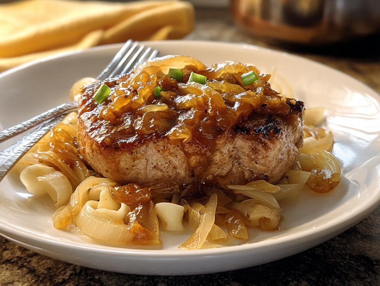 A juicy pork chop topped with caramelized onions and green onions, served over a bed of sautéed onions.