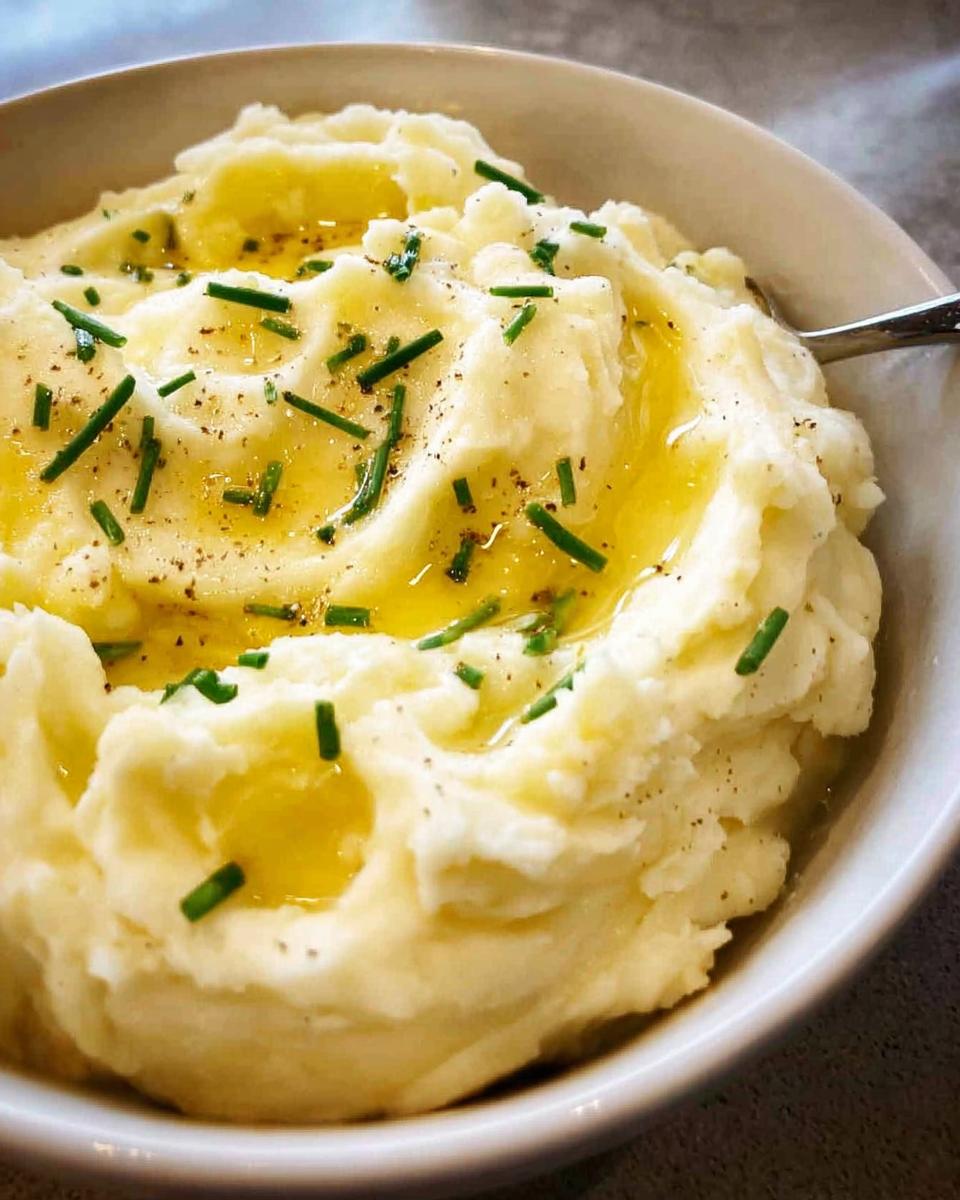 Close-up of a bowl of fluffy 12-Ingredient Mashed Potatoes topped with melted butter and fresh chives.