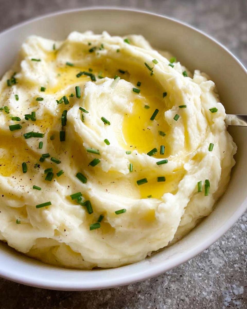 A close-up of creamy 12-Ingredient Mashed Potatoes topped with melted butter, chives, and black pepper in a white bowl.