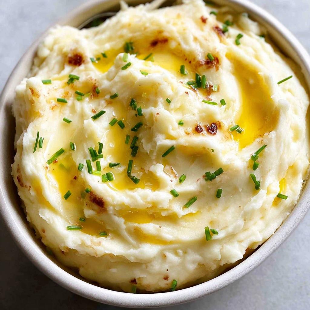 Close-up of a bowl of creamy 12-Ingredient Mashed Potatoes topped with melted butter and fresh chives.