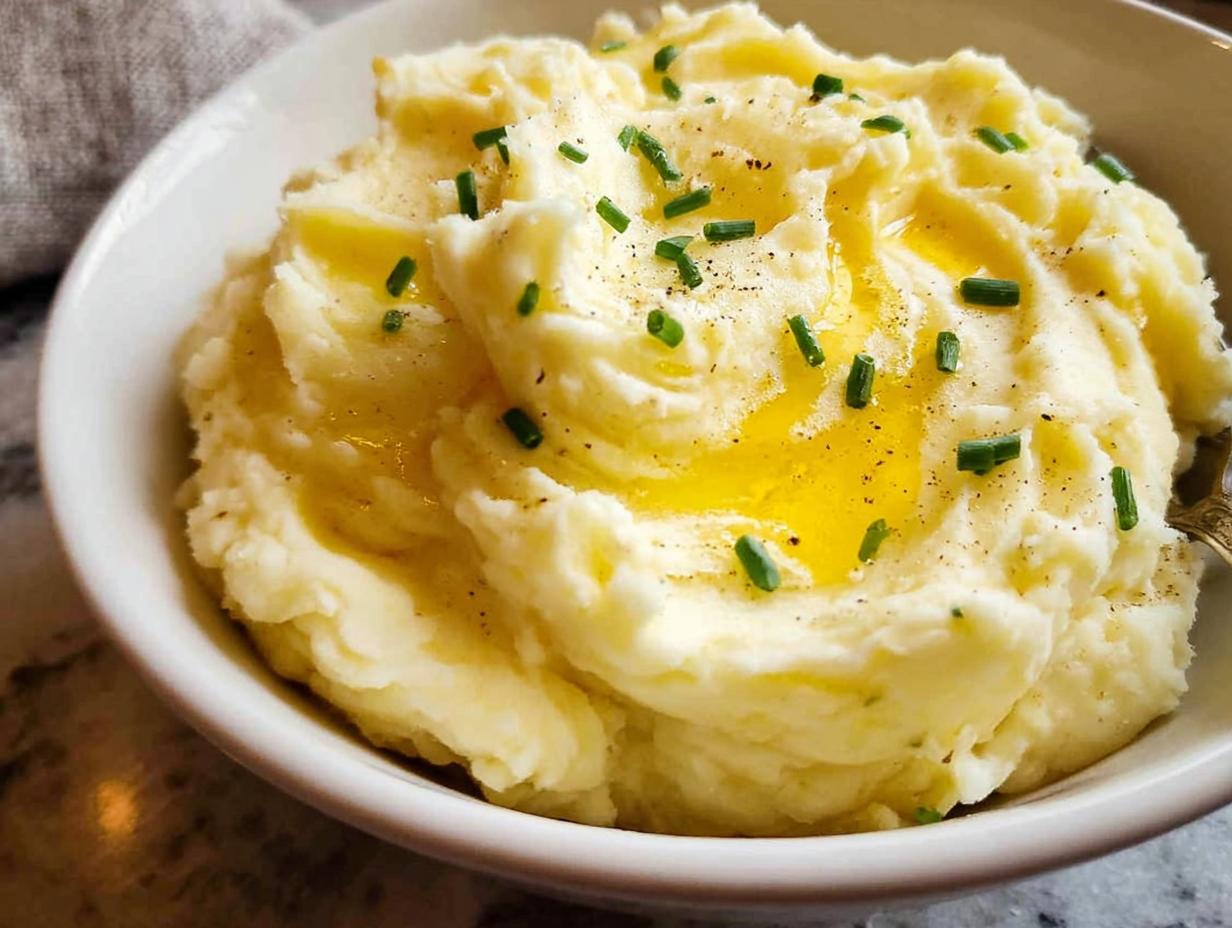 A close-up of fluffy 12-Ingredient Mashed Potatoes topped with melted butter, chives, and black pepper in a white bowl.