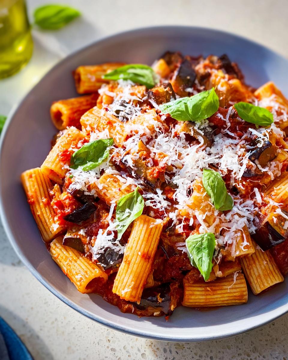 A close-up of a bowl of rigatoni pasta with a rich tomato and eggplant sauce, topped with fresh basil and grated Parmesan cheese.