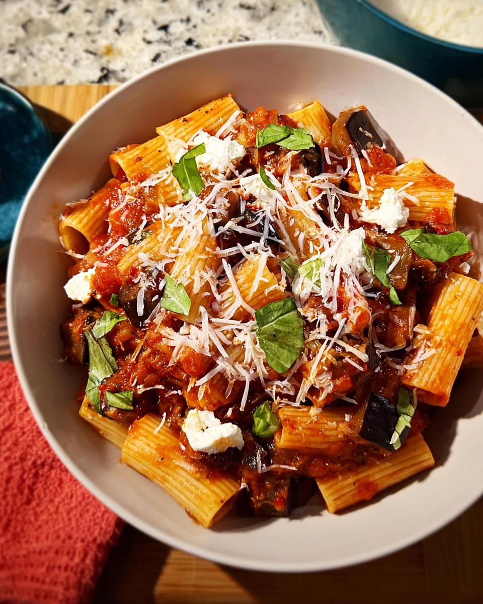 A bowl of rigatoni pasta with a rich tomato sauce, chunks of eggplant, dollops of ricotta, and fresh basil, part of an 12-Ingredient Pasta Recipe.