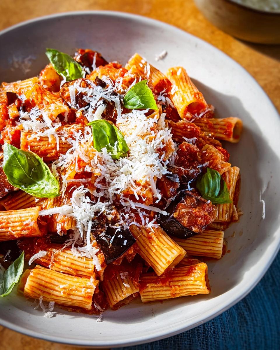 A close-up of rigatoni pasta with a rich tomato sauce, chunks of eggplant, and fresh basil, topped with grated cheese. Part of our 12-Ingredient Pasta Recipes.