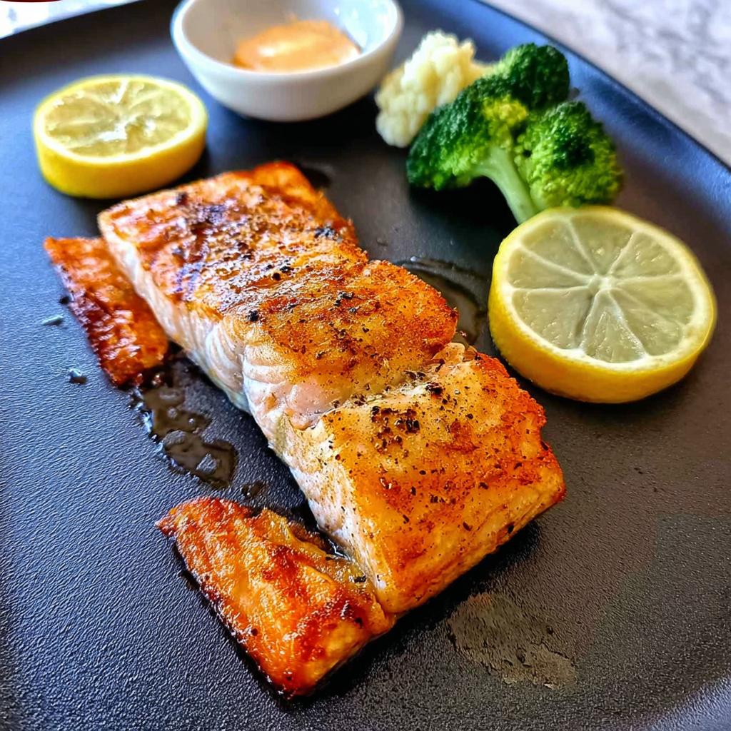 A perfectly cooked salmon fillet with crispy skin, served with lemon slices, broccoli, and a small dish of sauce. This is one of our 12-Ingredient Salmon Recipes.