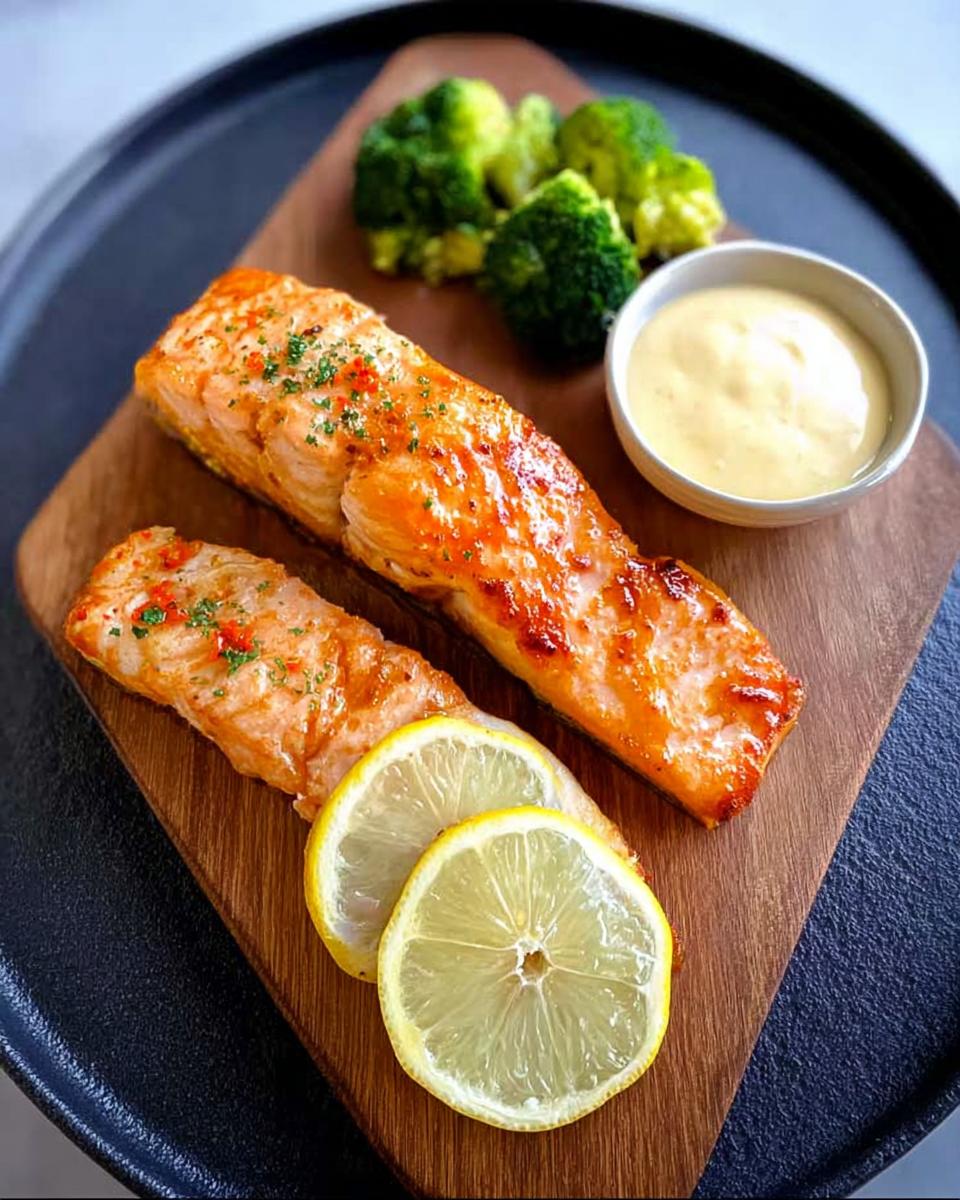 Two perfectly cooked salmon fillets served with lemon slices, broccoli, and a side of sauce, showcasing one of our 12-Ingredient Salmon Recipes.