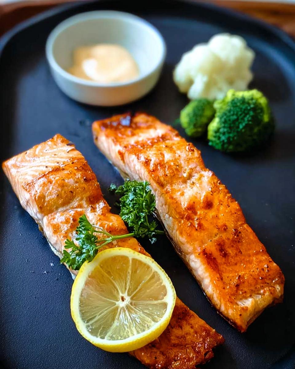 Two beautifully cooked salmon fillets served with a lemon slice, parsley, broccoli, cauliflower, and a small dish of sauce. A delicious 12-ingredient salmon recipe.