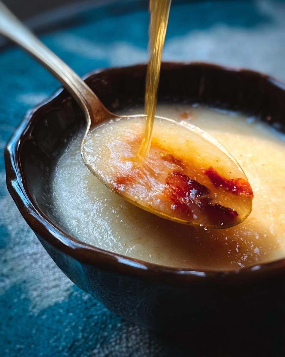 A spoonful of creamy 12-ingredient soup recipe with crispy bacon bits being poured over it.