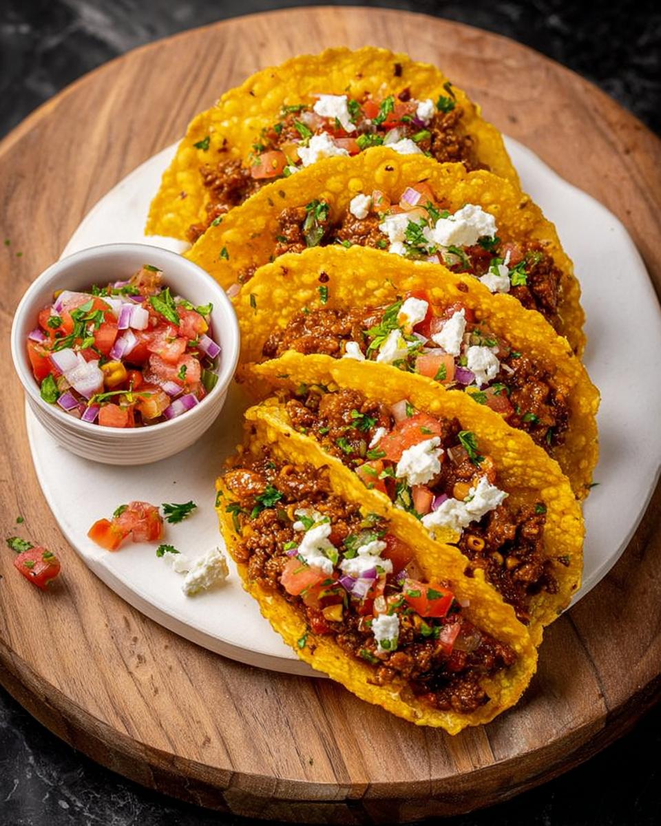 A plate of four crispy tacos filled with seasoned ground meat, topped with crumbled white cheese and fresh cilantro. Served with a side of pico de gallo.