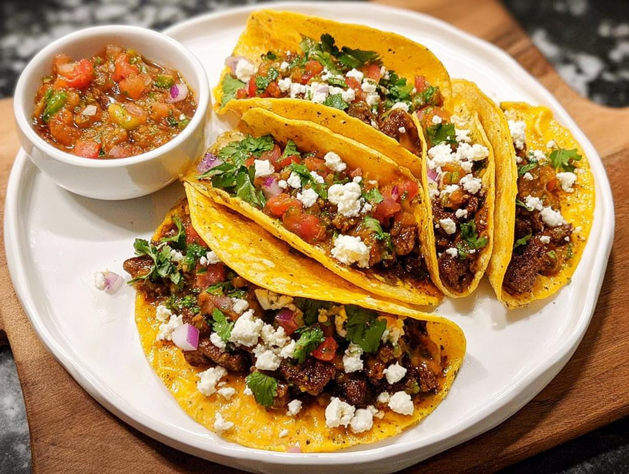 A plate of four delicious tacos filled with seasoned meat, crumbled cheese, cilantro, and red onion, served with a side of salsa. Perfect for Taco Tuesday!
