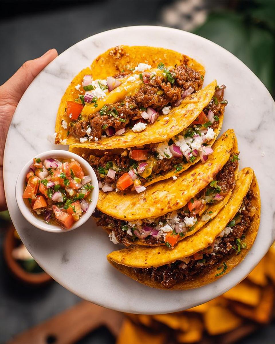 A plate of delicious tacos filled with seasoned meat, cheese, onions, and tomatoes, served with pico de gallo for 12-Ingredient Taco Tuesday Recipes.