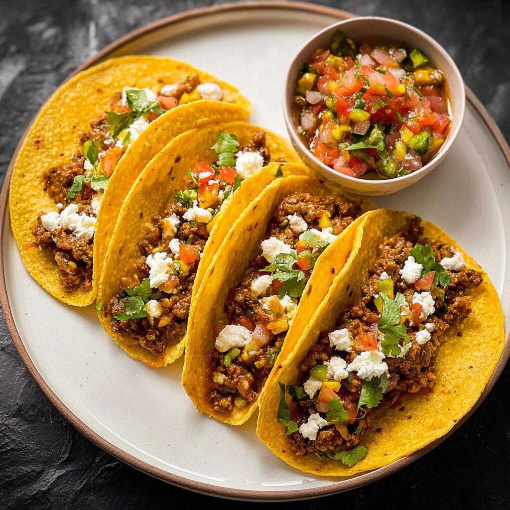 A plate of four fully loaded 12-Ingredient Taco Tuesday recipes with ground meat, cheese, cilantro, and pico de gallo.