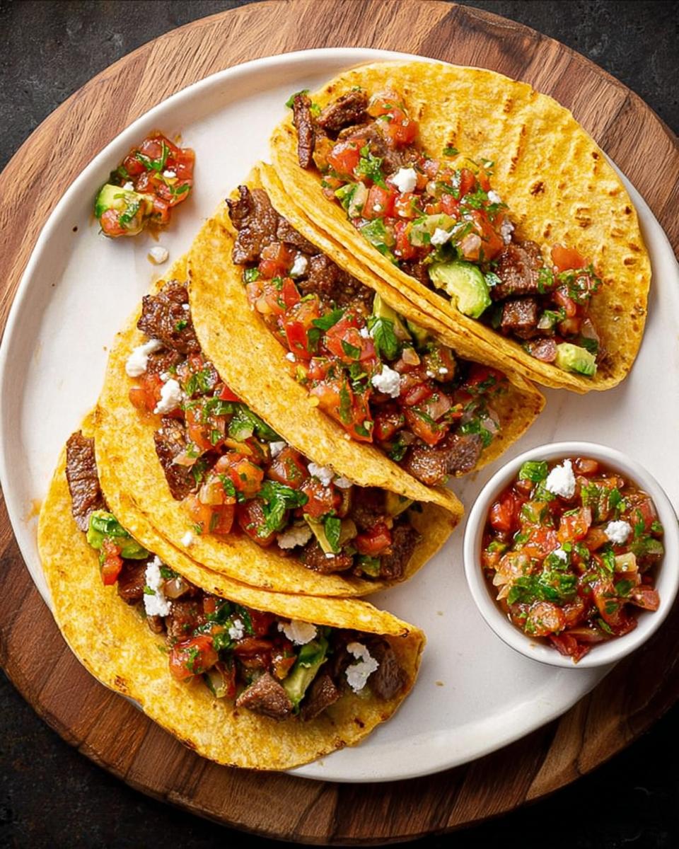 A plate of 12-Ingredient Taco Tuesday Recipes with steak, avocado, pico de gallo, and cheese.