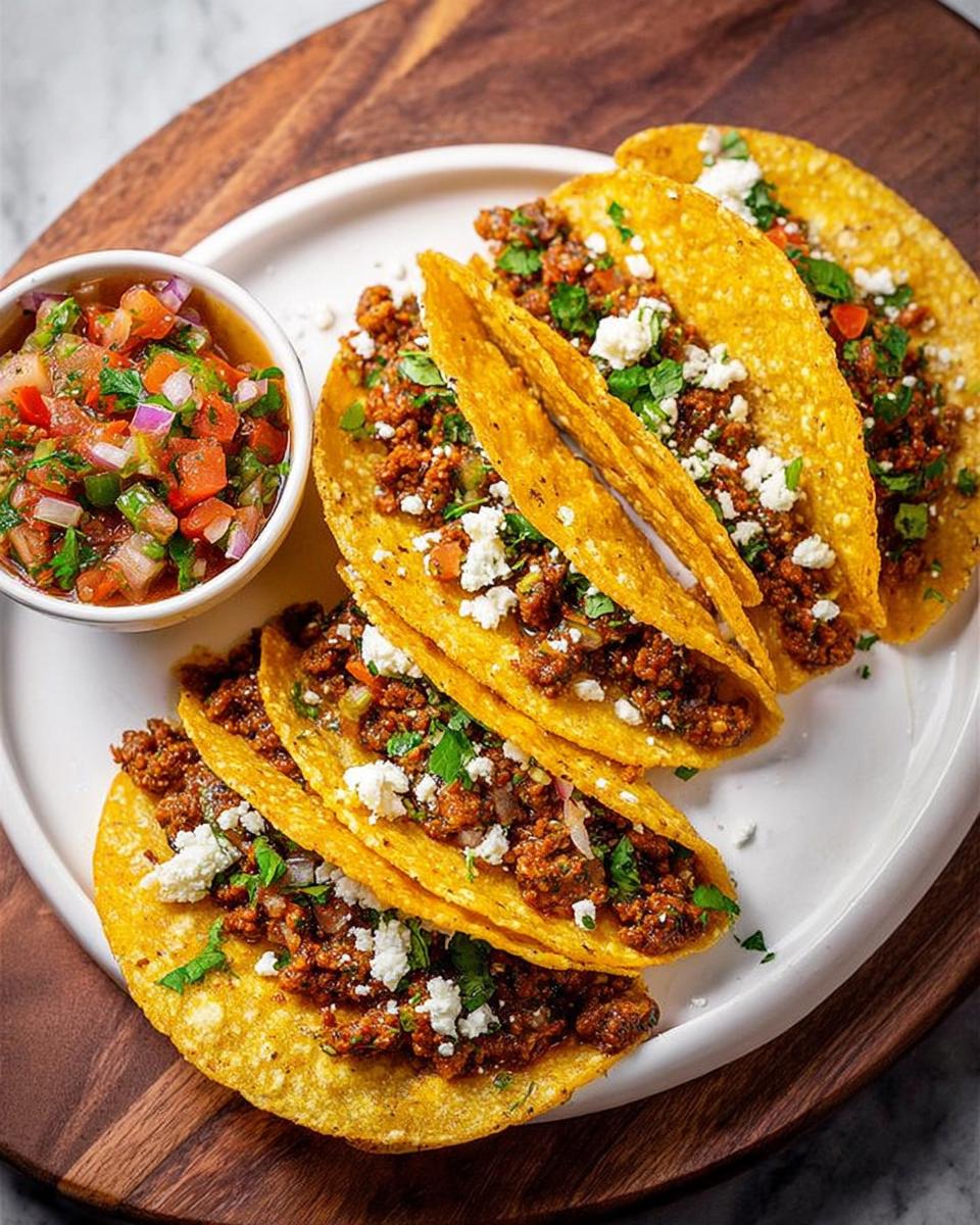 A plate of delicious tacos filled with seasoned ground meat, crumbled cheese, and fresh cilantro, served with a side of pico de gallo for Taco Tuesday.