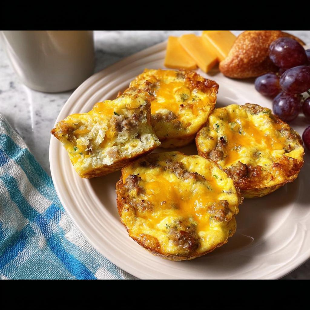 A plate of sausage and cheese egg muffins, a perfect addition to 20-Ingredient Breakfast Ideas Recipes.