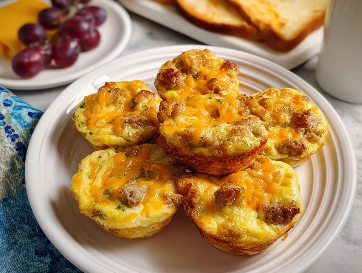 A plate of five savory sausage and cheese egg muffins, a perfect addition to 20-Ingredient Breakfast Ideas Recipes.