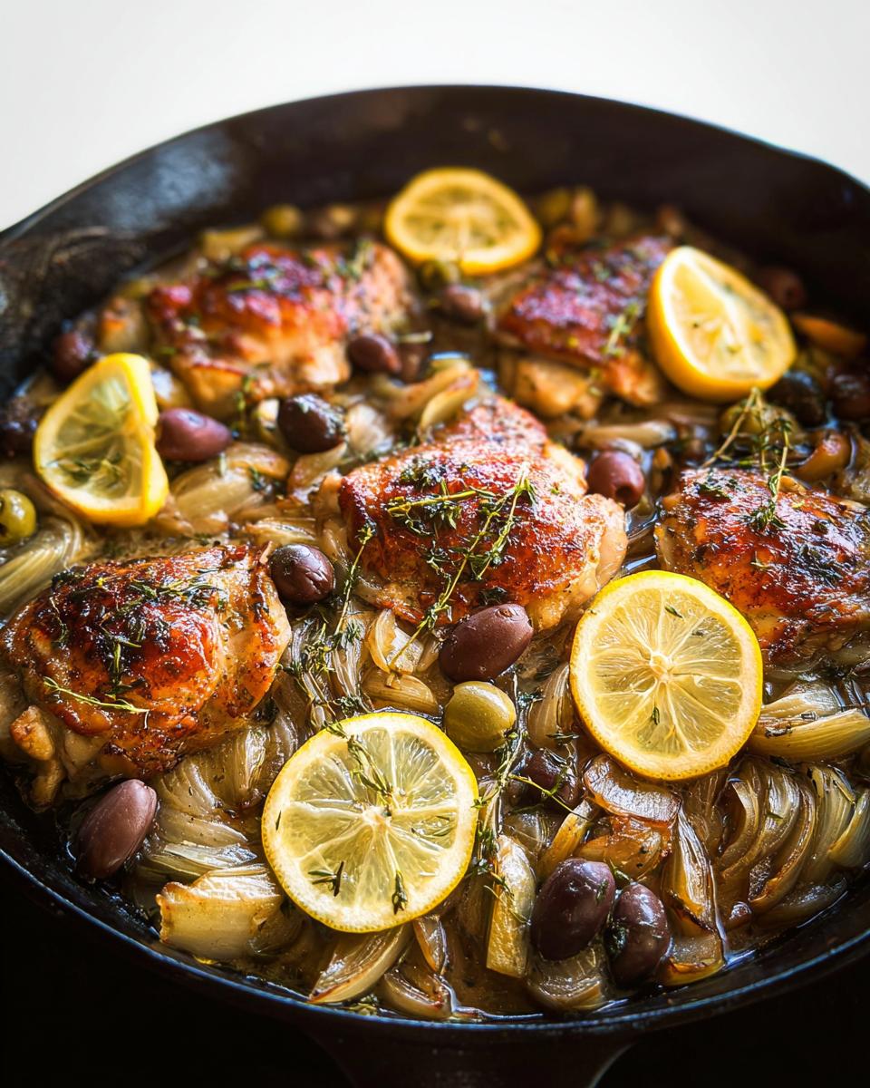 Close-up of 20-ingredient chicken thighs recipe, baked with onions, olives, and lemon slices in a cast-iron skillet.
