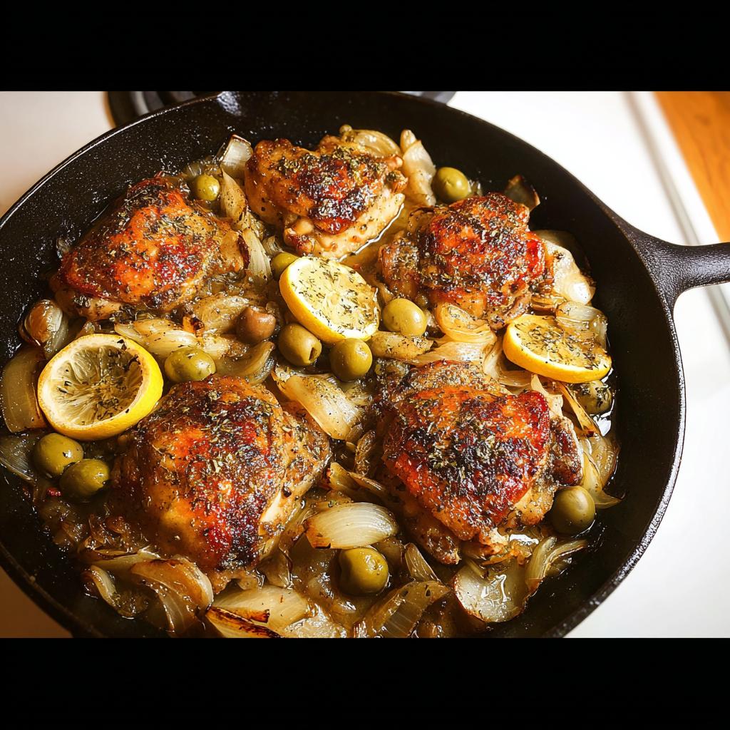 A cast iron skillet filled with baked chicken thighs, onions, olives, and lemon slices, seasoned with herbs.