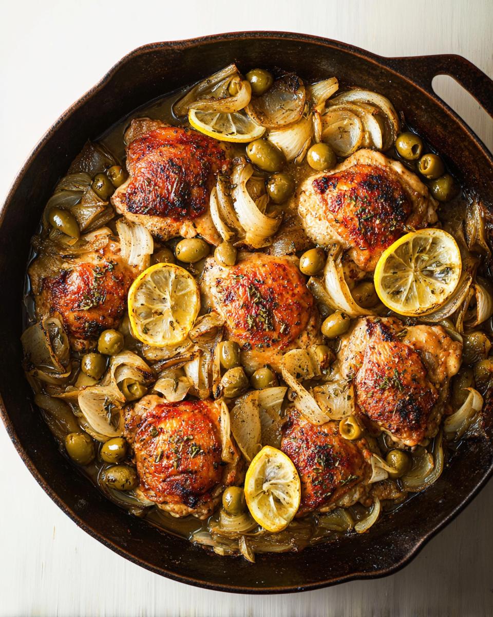 A cast iron skillet filled with 20-ingredient chicken thighs, olives, onions, and lemon slices, baked to golden perfection.