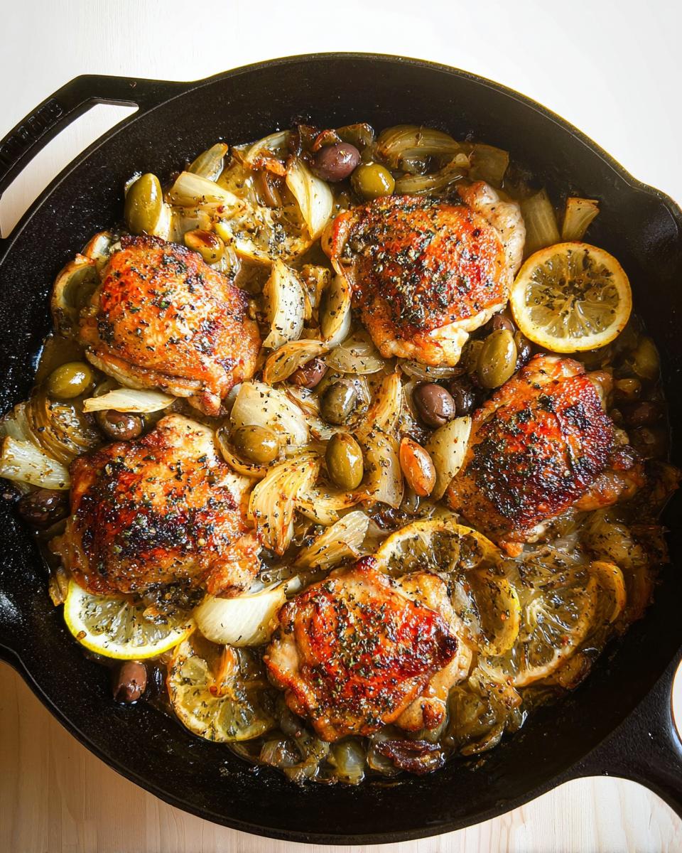 A cast iron skillet filled with 20-ingredient chicken thighs, olives, onions, and lemon slices, baked to golden perfection.