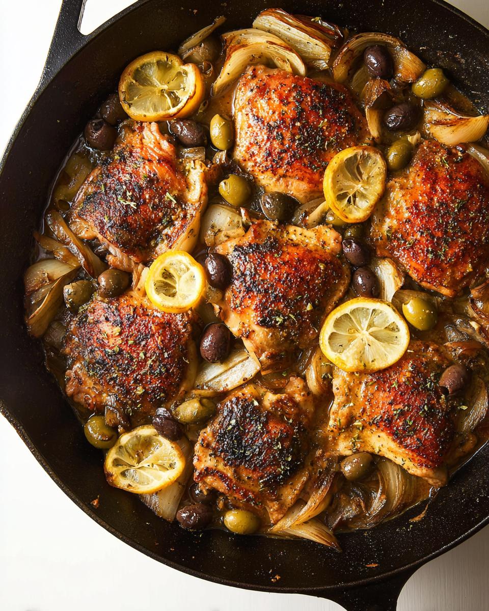 A close-up of 20-ingredient chicken thighs recipe cooked in a cast-iron skillet with olives, onions, and lemon slices.