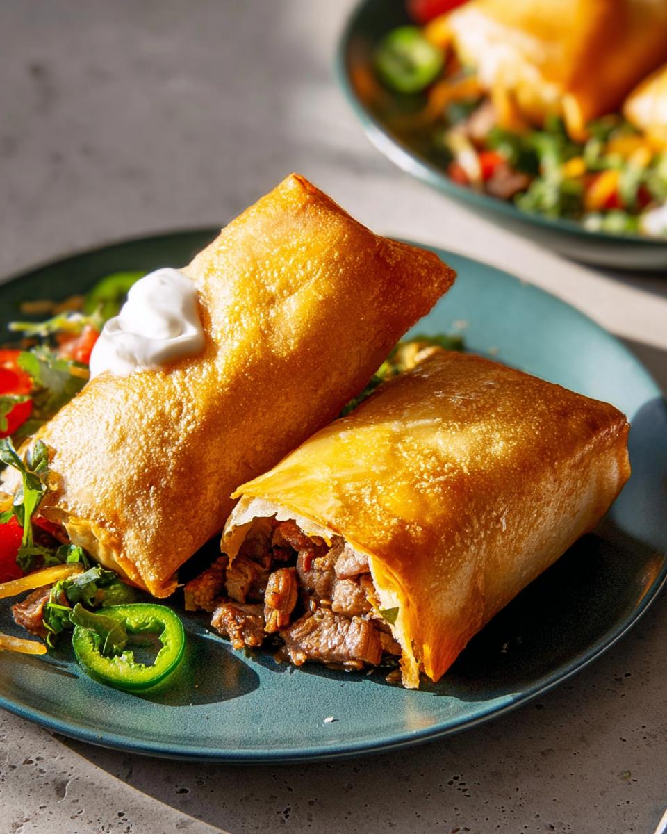 Two crispy fried beef egg rolls served with a side salad and sour cream, part of 20-Ingredient Easy Dinner Recipes.