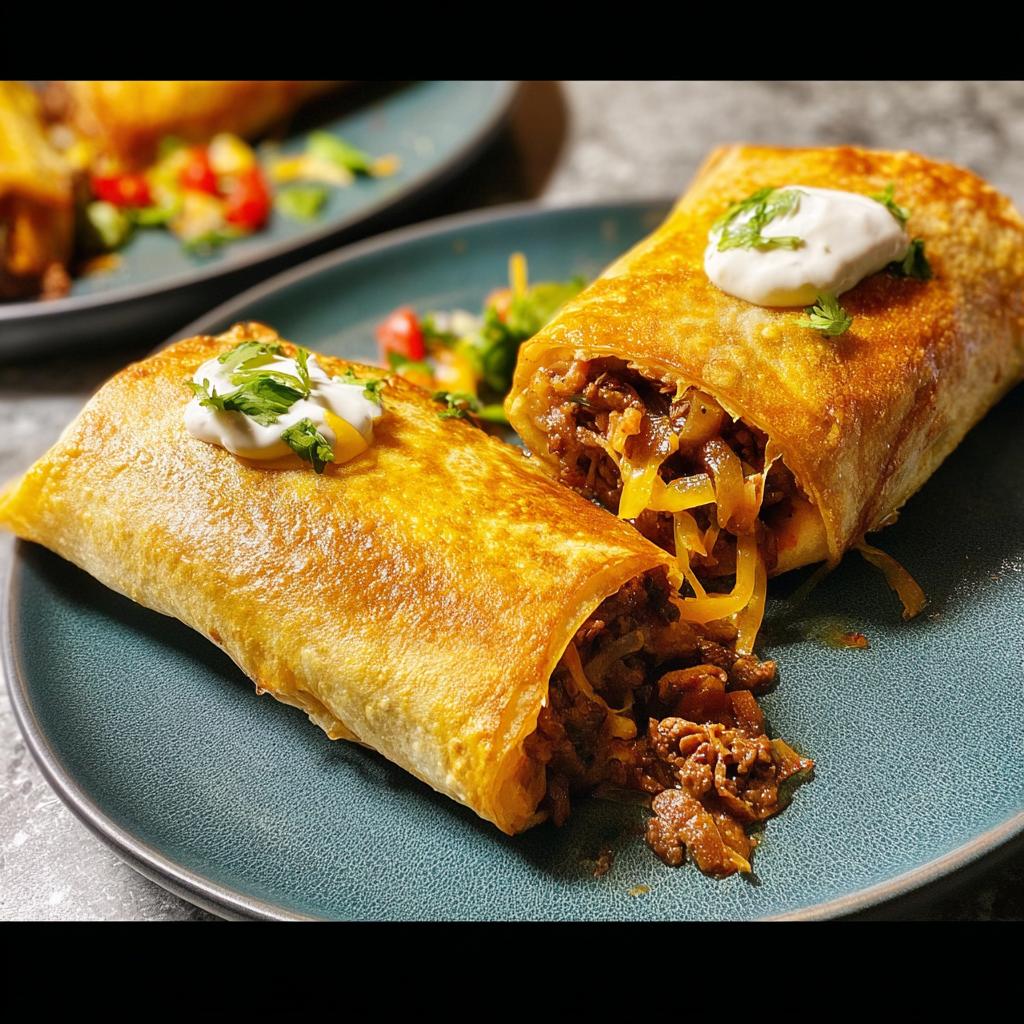 A golden-brown crispy beef burrito, cut in half, showing melted cheese and seasoned ground beef filling. Part of 20-Ingredient Easy Dinner Recipes.