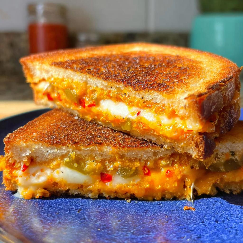 Close-up of two halves of a grilled cheese sandwich, revealing melted cheese and chopped red and green peppers.