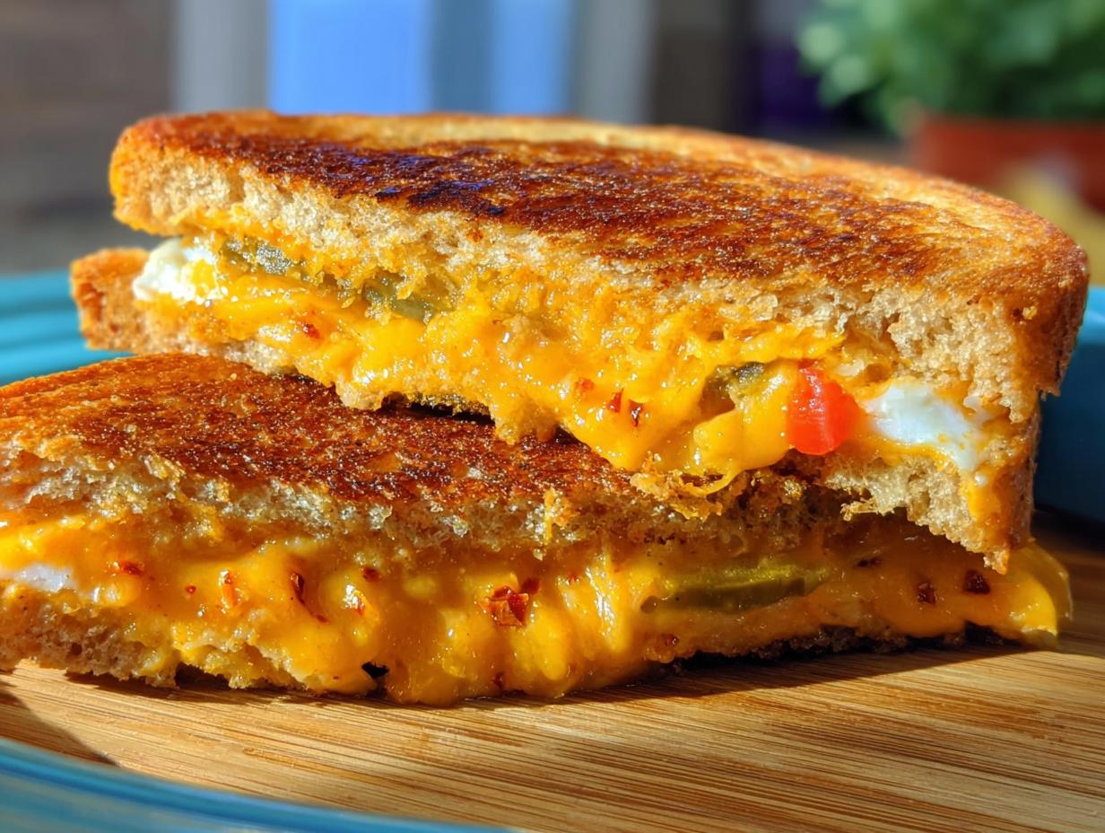 Close-up of a decadent 20-ingredient grilled cheese recipe, showcasing gooey melted cheese, pickles, and red pepper flakes on toasted bread.