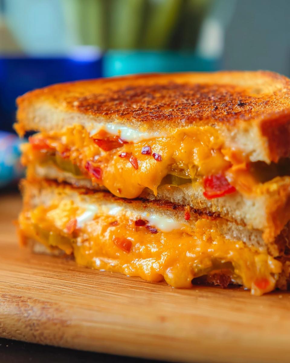 Close-up of a delicious grilled cheese sandwich, oozing with melted cheese and chopped red peppers, on a wooden board.
