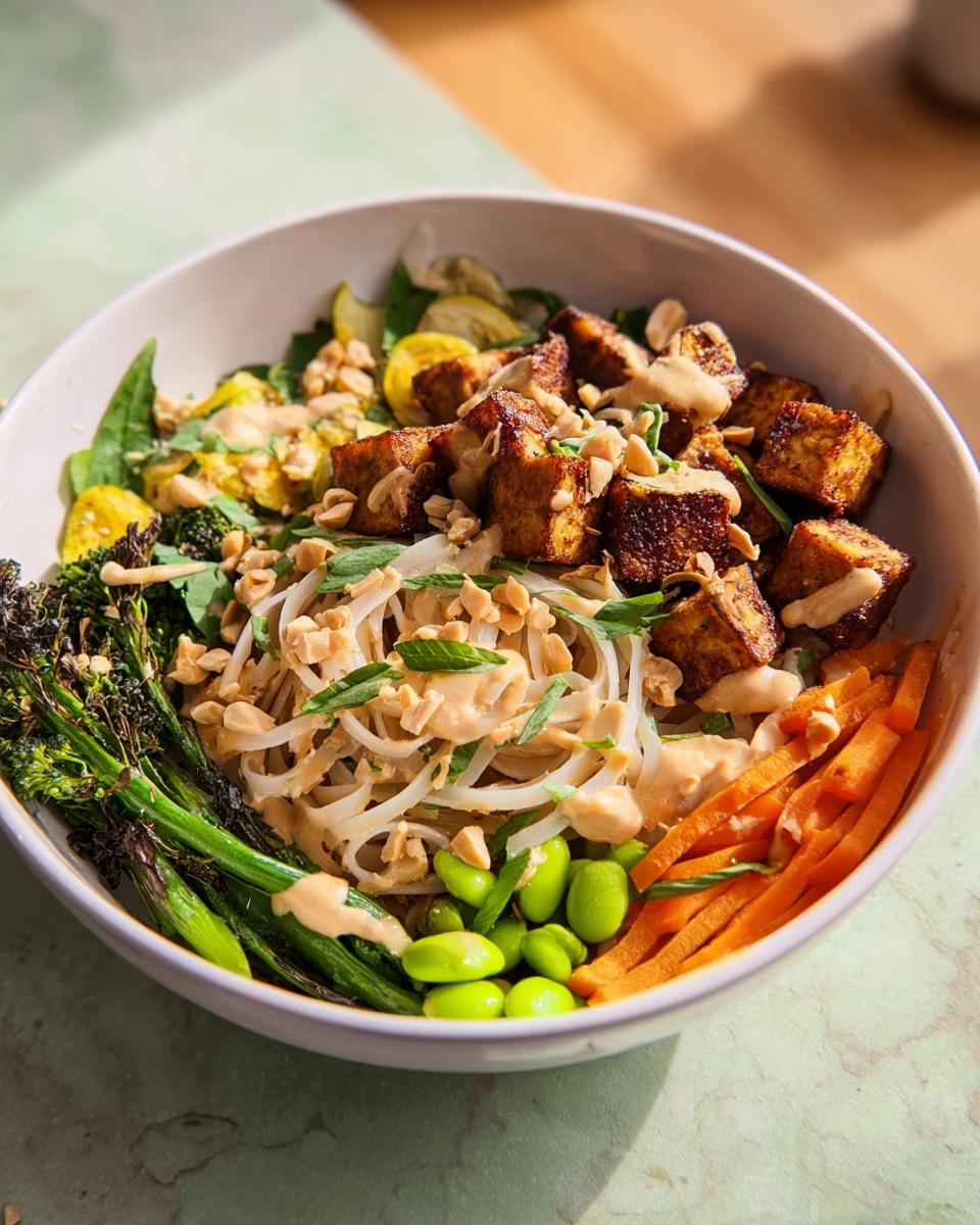 A vibrant bowl of 20-Ingredient Rice Bowl featuring crispy tofu, noodles, edamame, carrots, and broccolini with a creamy sauce.
