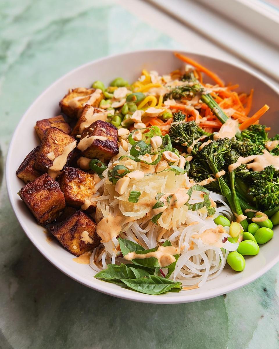 A vibrant bowl filled with rice noodles, pan-fried tofu, edamame, broccoli, shredded carrots, and a creamy dressing, part of 20-Ingredient Rice Bowls Recipes.