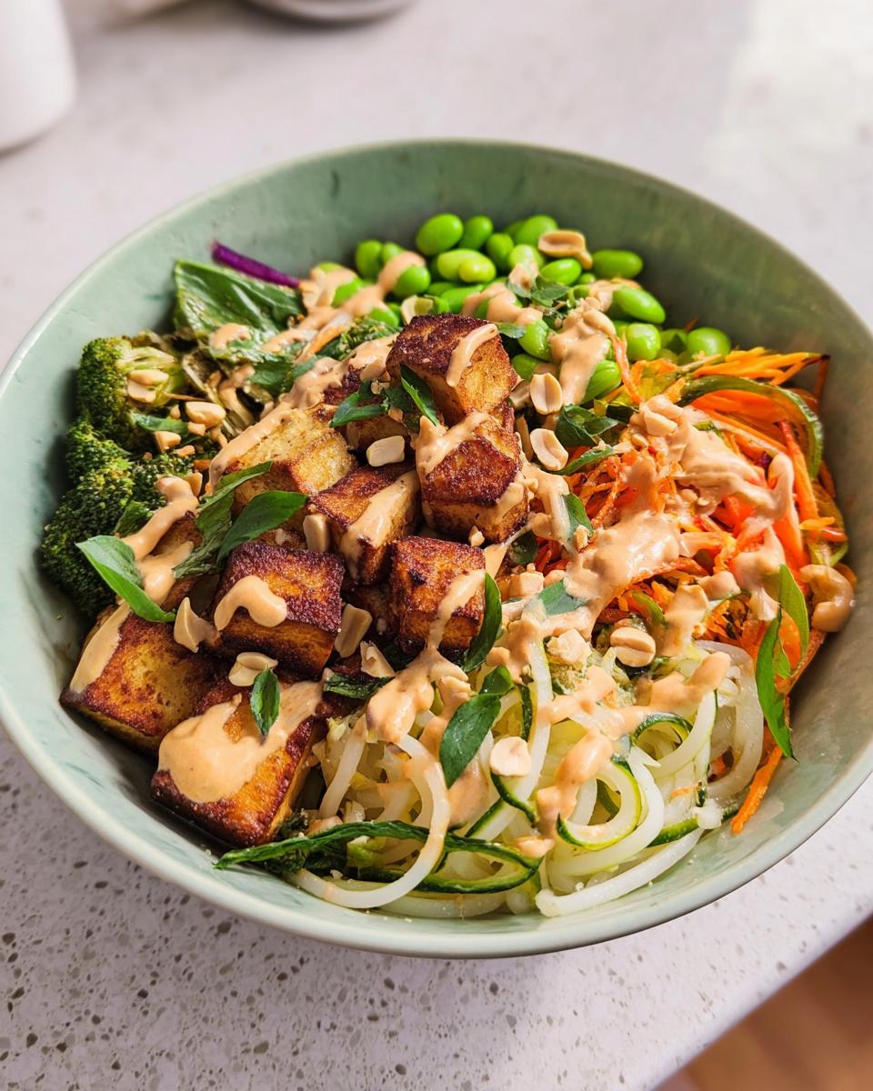 A vibrant 20-ingredient rice bowl featuring crispy tofu, edamame, broccoli, shredded carrots, and zucchini noodles, drizzled with a creamy sauce.