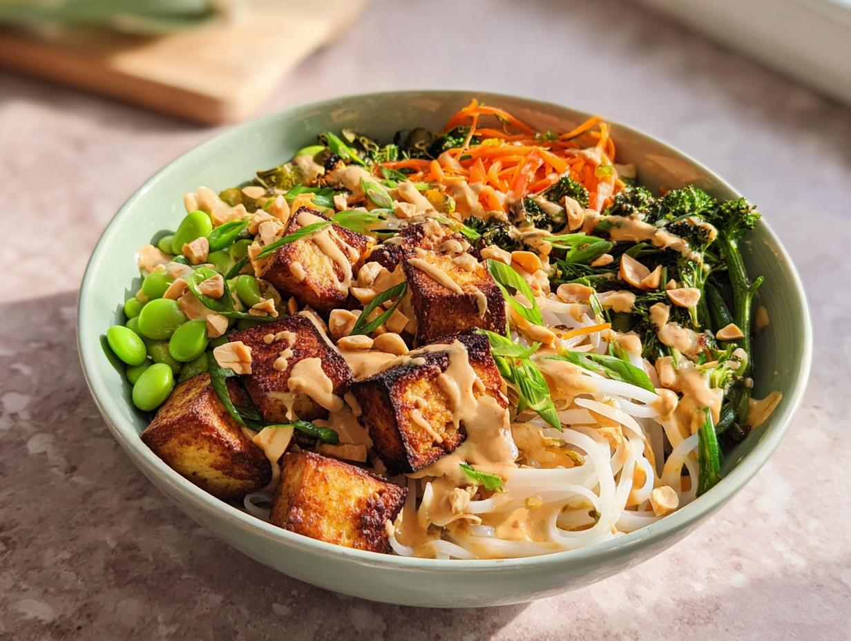A vibrant 20-ingredient rice bowl featuring crispy tofu, edamame, broccoli, carrots, and noodles, drizzled with peanut sauce.