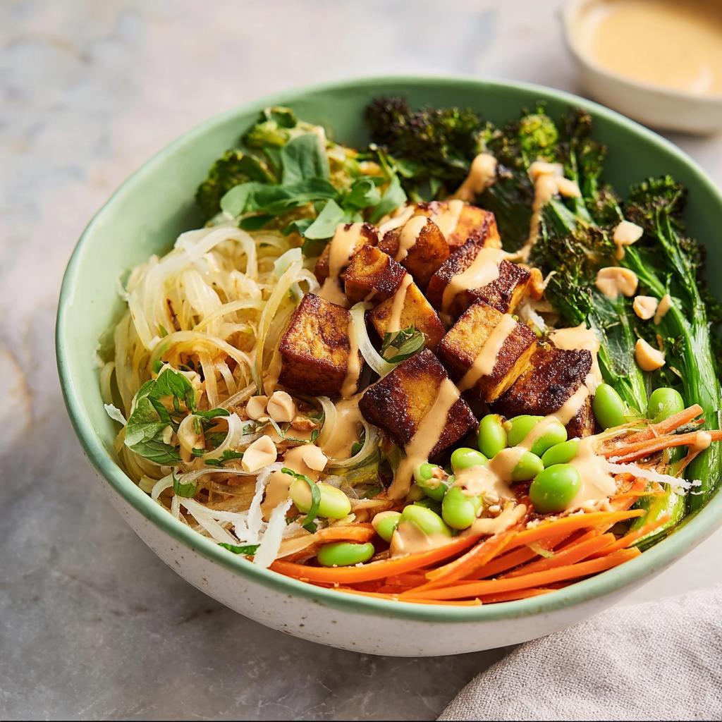 A vibrant bowl of 20-Ingredient Rice Bowls with crispy tofu, edamame, shredded carrots, and roasted broccoli.
