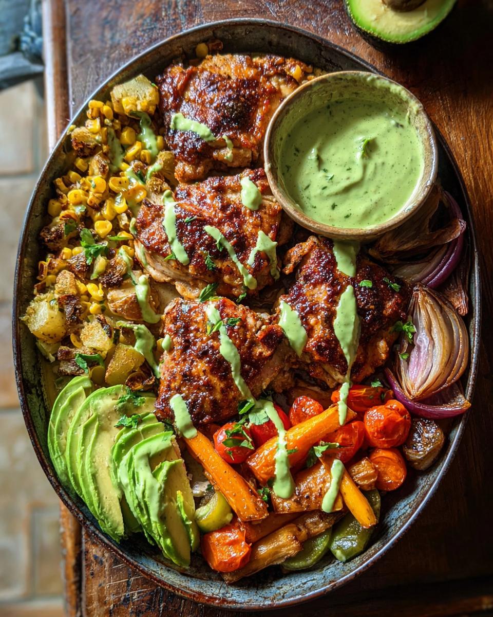 A platter of juicy chicken thighs with roasted vegetables, corn, potatoes, and avocado, drizzled with a green sauce. This is a 20 minute chicken recipe.