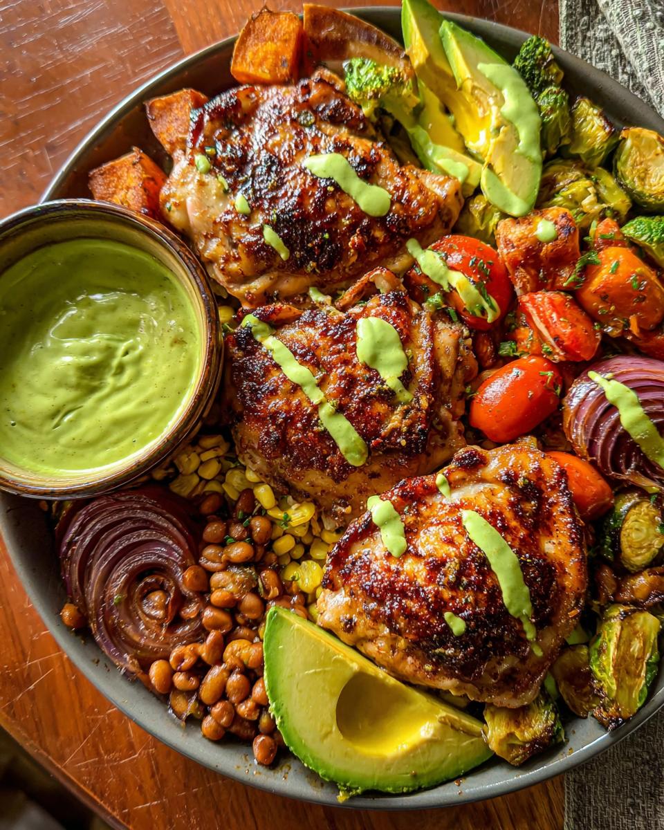 A vibrant platter of 20 minute chicken thighs with roasted vegetables, avocado, corn, and beans, drizzled with green sauce.