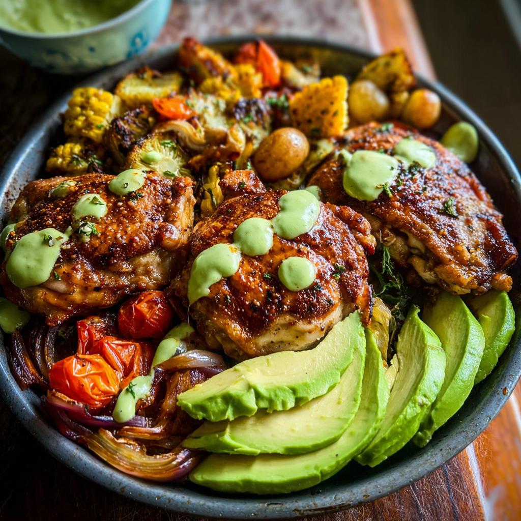 A delicious sheet pan meal featuring roasted chicken thighs, vegetables, and avocado, perfect for quick chicken recipes.