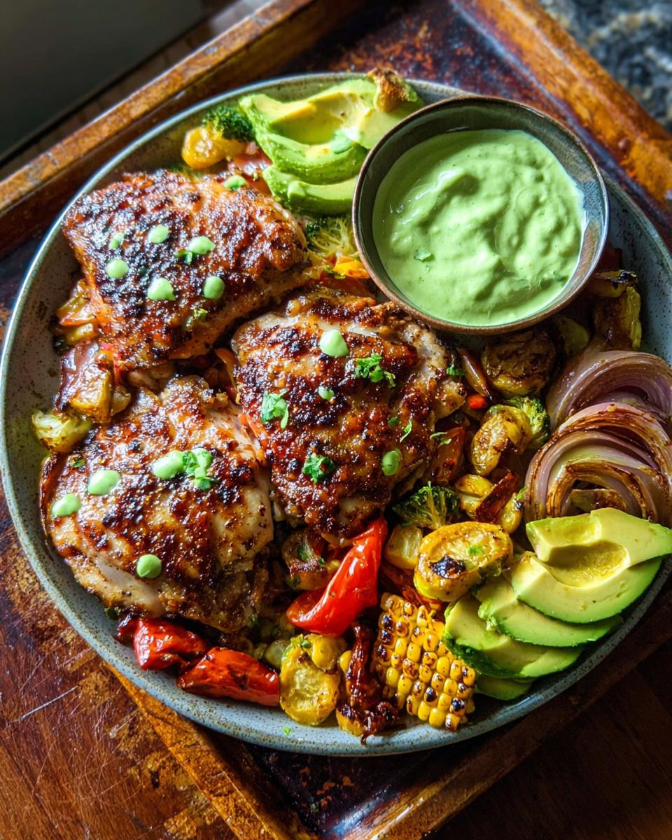 A colorful platter of roasted chicken thighs with roasted vegetables including corn, broccoli, red peppers, and avocado, served with a green dipping sauce.